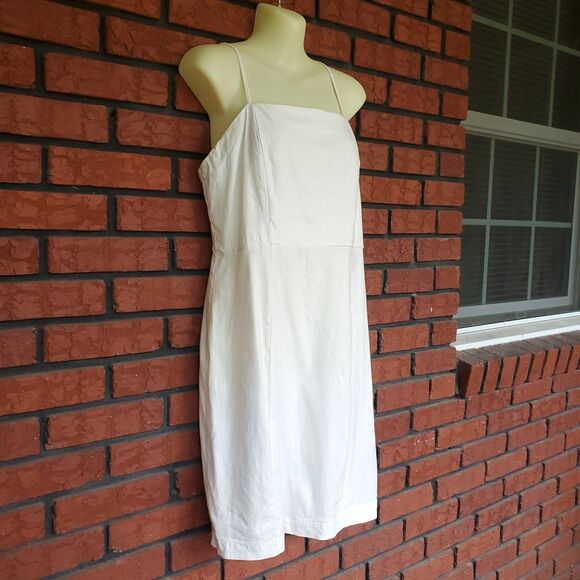 Halston Dress Size 8 Linen Blend Square Neck Midi Sheath Ivory Metallic Stretch - Picture 2 of 16